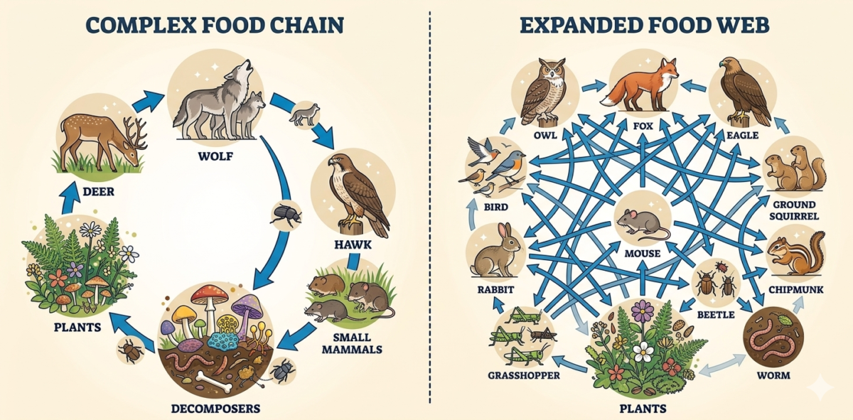 Educational poster of a temperate grassland food web including primary and secondary consumers